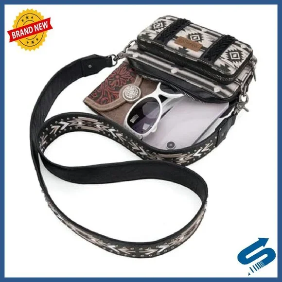 Small Crossbody Bag Multi Pocket Boho Aztec Canvas Purse Women - Picture 7 of 8